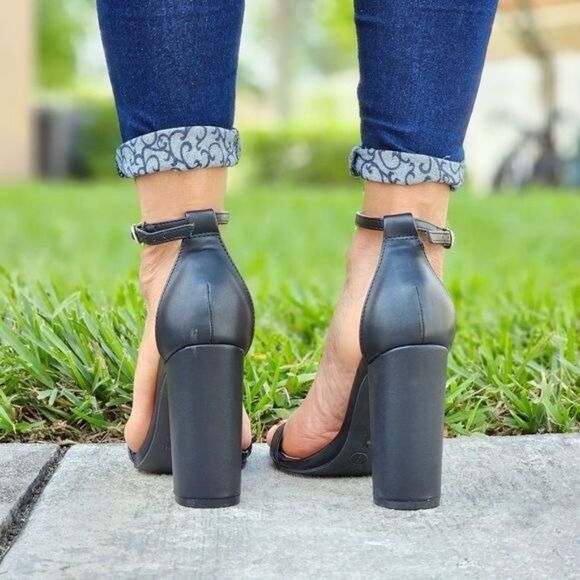 Black PU Ankle Strap Block Heel Dress Sandals - Picture 4 of 6